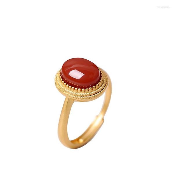 Anillos de racimo El anillo de cara de huevo de ágata roja del sur con incrustaciones de plata esterlina S925 chapado en oro Moda simple para mujer