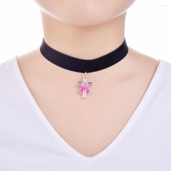 Halsband PBR107 Brustkrebs-Bewusstseins-Emaille-Rosa-Band-Kreuz-LIEBE/HOFFNUNG/Glaube-Anhänger-Halskette aus schwarzem Samtflanell