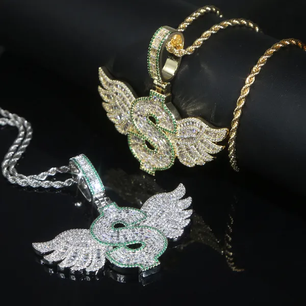 Новый Iced Out Bling Письмо Символ доллара Кулон Ожерелье Позолоченный CZ Цирконий Крылья Шарм Мужчины Женщины Хип-Хоп Ювелирные Изделия