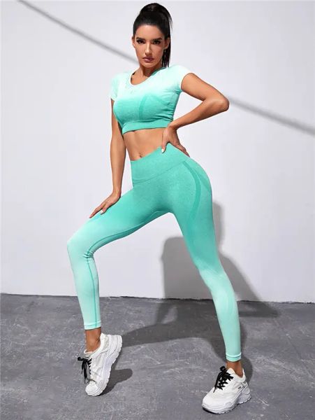 Frauen Gym 2 Stück Yoga Set Hohe Taille Gerippte Yoga Outfits Nahtlose Sport Top Butt Lifting Leggings Workout Übung joggen Anzüge Weibliche