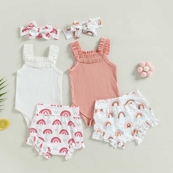 Kleding Sets Baby Baby Meisjes Kleding Past Effen Kleur Geribbeld Mouwloos Franje Sling Romper Regenboog Print Shorts Hoofdband 3 Stuks Set Z0321