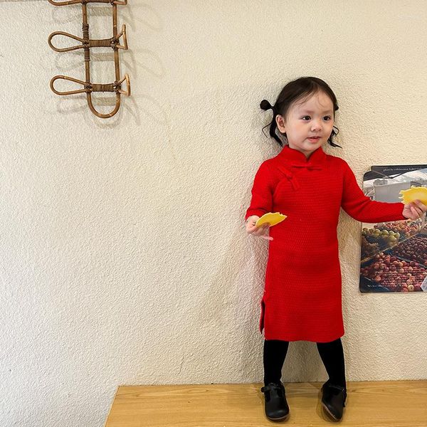 Roupas étnicas meninas qipao vestido de suéter de inverno de inverno espessado Ano vermelho Roupas baby estilo chinês celebração cheongsam