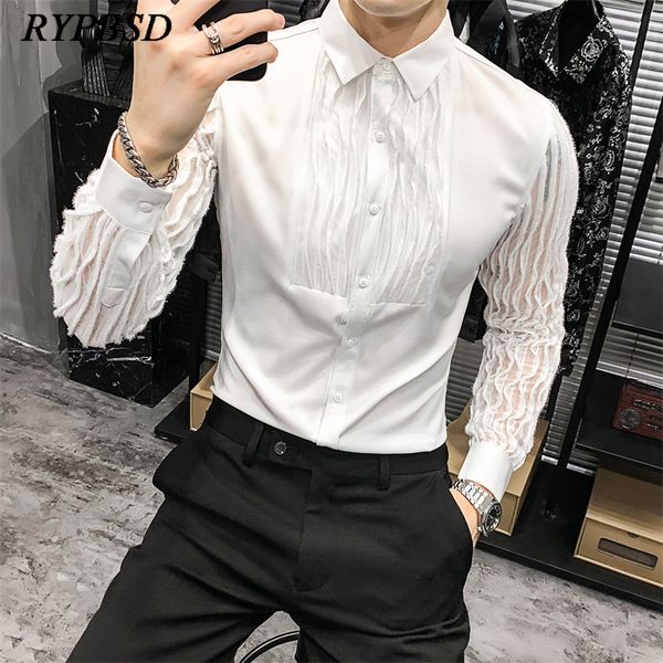 Männer Casual Hemden Sexy Transparent Streifen Hemd Männer Harajuku Mode Weiß Button-Down Koreanische Langarm Casual Kleid Hemd Sänger kostüm 230321