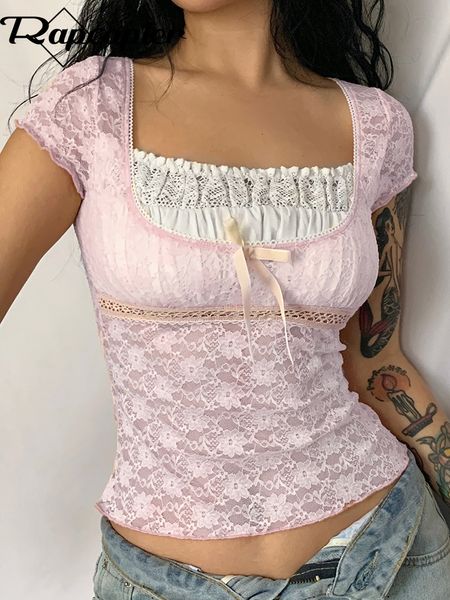 Womens TShirt Rapcopter y2k Pink Trim Crop Top Bow Cute Sweet T Shirt Donna Retro manica corta in pizzo Patched Summer Tee Prepply Maglietta coreana 230321