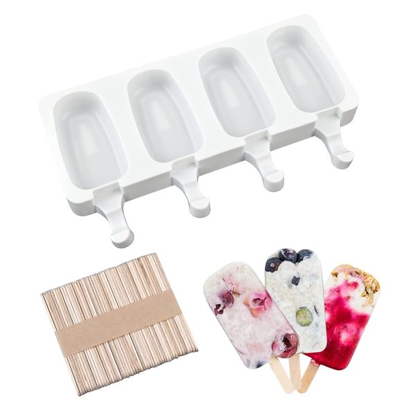 Dondurma Araçları 4/8 Delik Buz Popsikül Silikon Kalıp 100 PCS Buz Popsikül Kalıp Mini 4 Boşluk Oval Ev Yapımı Kek Popsicle Maker 50 Ahşap Çubuk