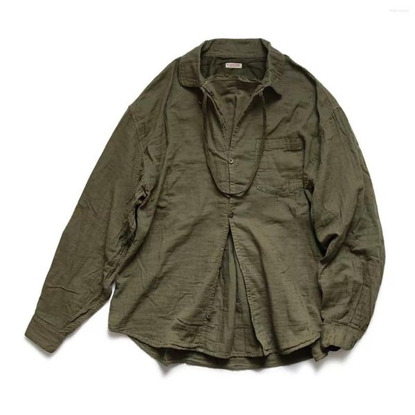 Camisas casuais masculinas Kapital Hirata Hohiro Japão Militar Verde Algodão Linho Lavado Plissado Solto Homens e Mulheres Mangas Compridas
