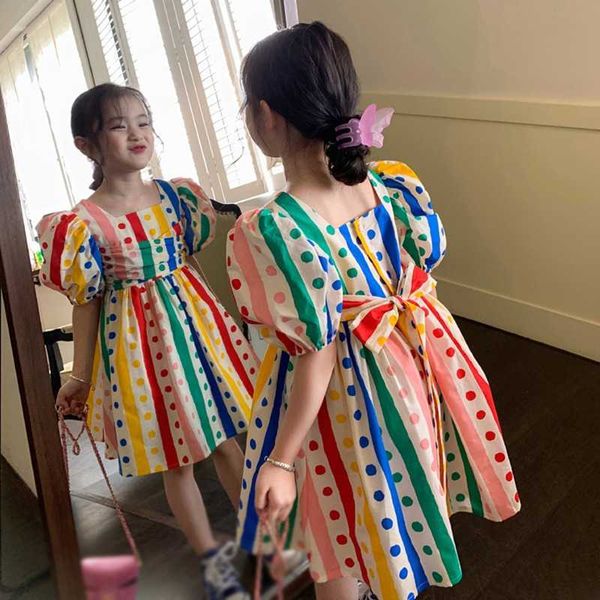Mädchen Kleider 3-8 Jahre Baby Mädchen Dot Regenbogen Kleid Sommer Prinzessin Puffärmel Kleidung Kinder Baby Niedliche Kleider Kinderkleidung