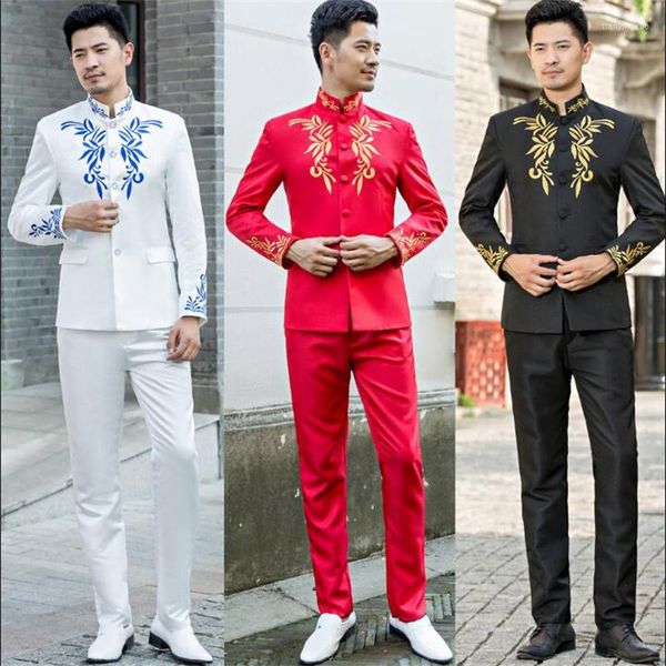 Herrenanzüge Stickerei Bräutigam Hochzeit für Männer Blazer Jungen Prom Herren chinesischer Tunika-Anzug Slim Masculino Neueste Mantel-Hose-Designs