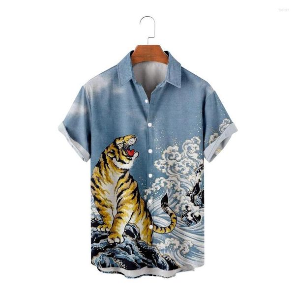 Camisas casuais masculinas homens de verão solto havaiano tigre estampestas de camisa tampo de luva curta
