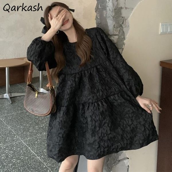 Abiti casual Abito a maniche lunghe Donna Dolce principessa Design Pieghe Abito da ballo nero Abiti O-Collo Mini abiti Kawaii Girlish M-4XL 230321