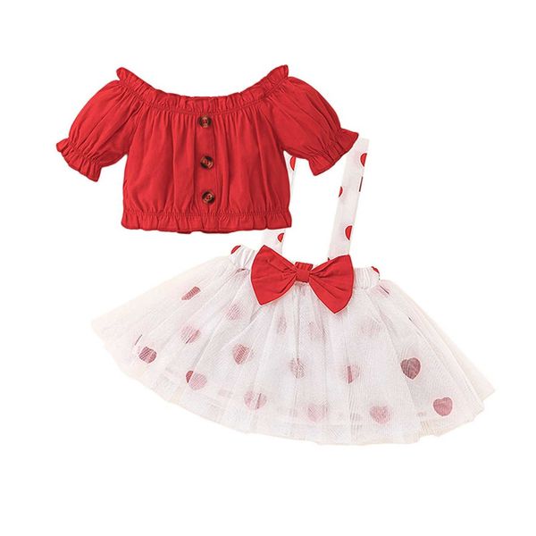 Set di abbigliamento San Valentino 2 pezzi Completi per neonate Scollo a barchetta Maniche corte Top Stampa a cuore Bretelle Gonna per bambini da 3 mesi a 3 anni Z0321