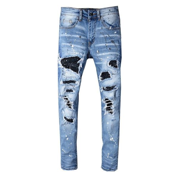 Herren-Jeans, Designer-Jeans für Herren, AM-Modemarke, Motorrad, stereoskopische Schnitthose, Vintage-Slim-Fit, elastische, gestapelte Jeans mit Rautenmuster, Herren-Hose mit gebrochenem Loch
