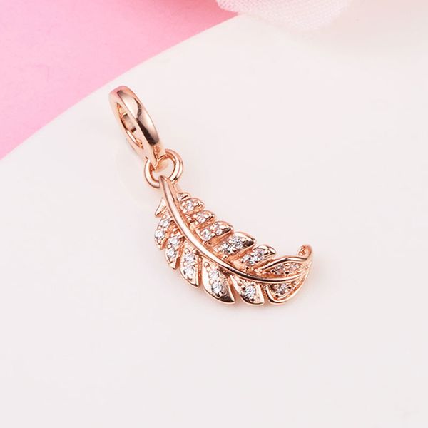 Rose Gold Metal Plated Floating Curved Feather Dangle Charm Bead Only Fits European Pandora Type Jewelry Bracelets Necklaces