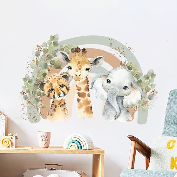 Wandaufkleber mit Cartoon-Motiv, niedlicher Elefant, Giraffe, Regenbogenblätter, Aquarell-Aufkleber, Vinyl, für Kinderzimmer, Heimdekoration, 230321