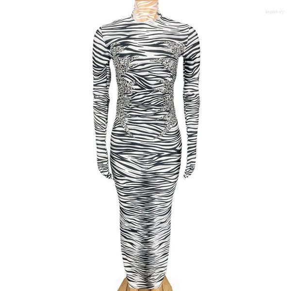 Stage Wear Women Zebra Pattern Abito lungo con guanti Party Prom Birthday Evening Sexy Performance Costume Show