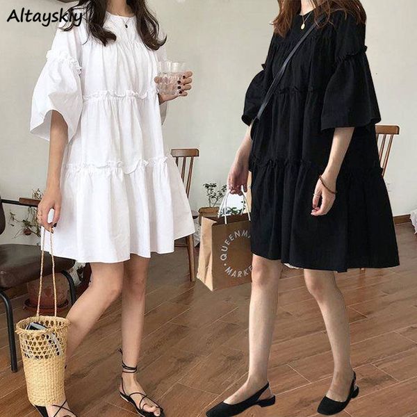 Günlük elbiseler elbiseler kadın a-line gevşek gündelik mini katı basit hamile bayan tarzı Kore tarzı modaya uygun öğrenci kızlar vestido şık yaz sundress 230321