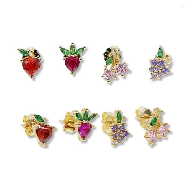 Stud Pendientes Lovely Fruit Piercing Jewelry 925 Sterling Silver Cute Small Design Cherry Grape Apple Strawberry