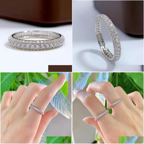 Anéis Eternity Micro Pave Moissanite Diamond Ring 100 Original 925 Sterling Sier Band para mulheres Men promessa Jóias Deli Deli Dhr8t