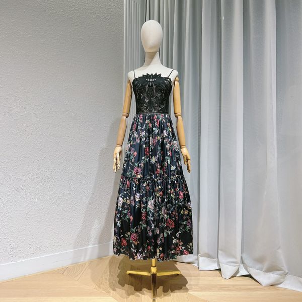 Vestido de grife de retalhos de retalhos de bordados de suspensão floral estampado vestido