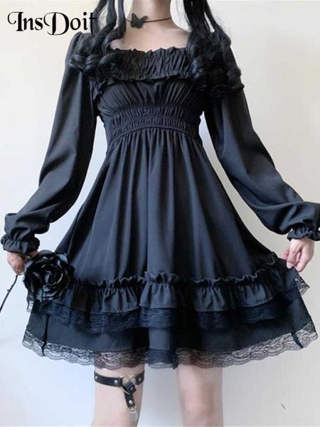 Abiti casual InsDoit Lolita Gothic Black Corset Dress Donna Vintage Lace Patchwork Increspato Estetico Abito a vita alta Punk Party A-LINE Dress G230322