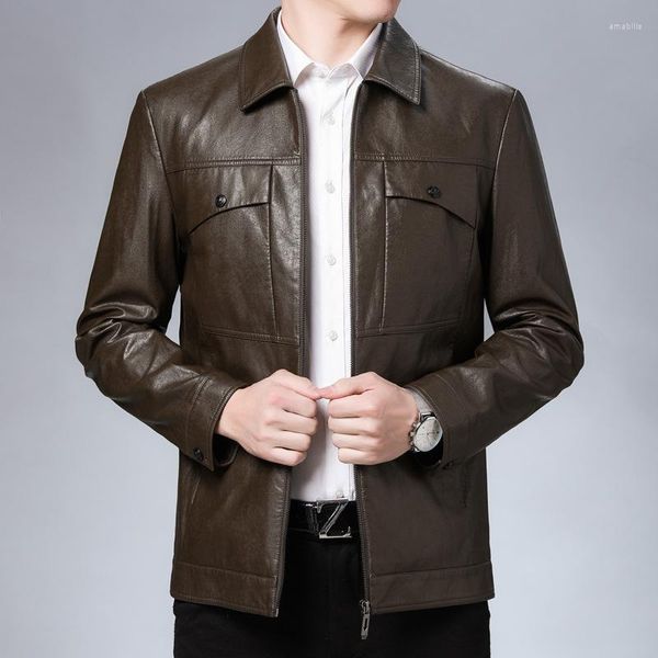 Erkek Ceketler Bahar Sonbahar İnce İş Yakası Deri Ceket 2023 Klasik Tasarım PU marka Giyim