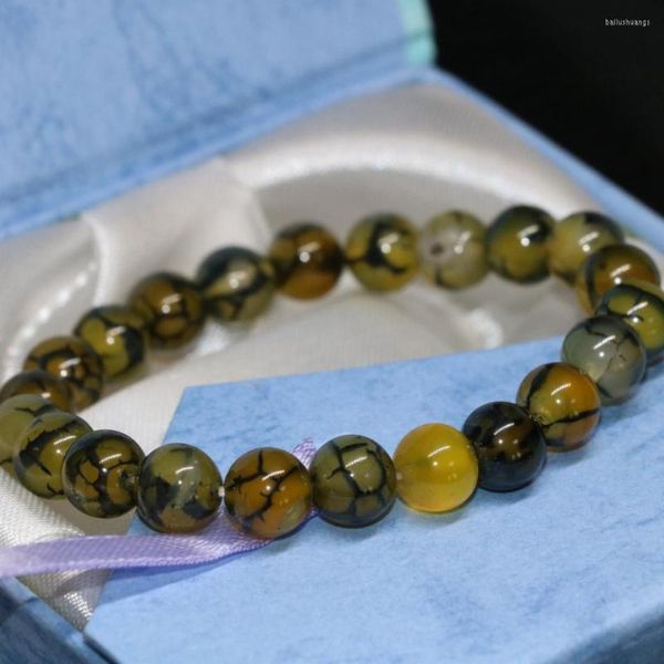 Filo di alta qualità unisex antico moda 8 mm vene del drago giallo pietra rotonda perline braccialetto creazione di gioielli da 7,5 pollici B2023