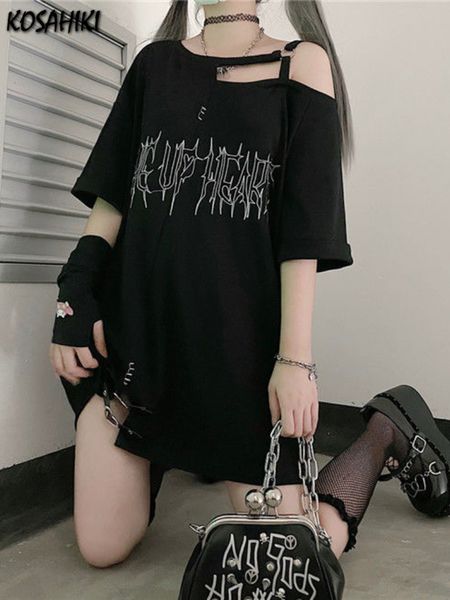 Damen T-Shirt KOSAHIKI Y2k Mädchen Briefdruck Schulterfrei Punk T-Shirt Casual Street Schwarz Gothic T-Shirt Harajuku Streetwear Ästhetisch 230321