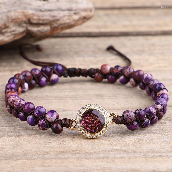 Braccialetti con ciondoli Etnico Impero Pietra per le donne Femme Intrecciato avvolgente Diaspro imperiale Turchesi Guarigione Bracciale con opale viola Bohemien