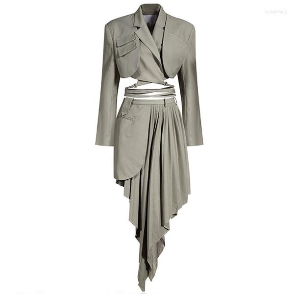 Vestidos de trabalho conjunto de duas peças feminino blazer jaqueta assimétrica Canda alta plissada Skirt Street