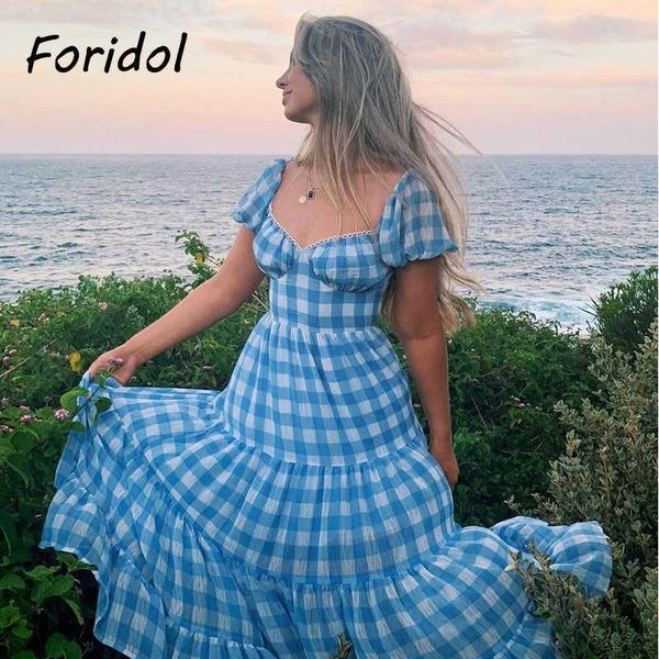 Vestidos de festa foridol sexy sem costas impressão de guingão verão boho feminino manga manga maxi túnica longa azul A-line chic 2023 y2303