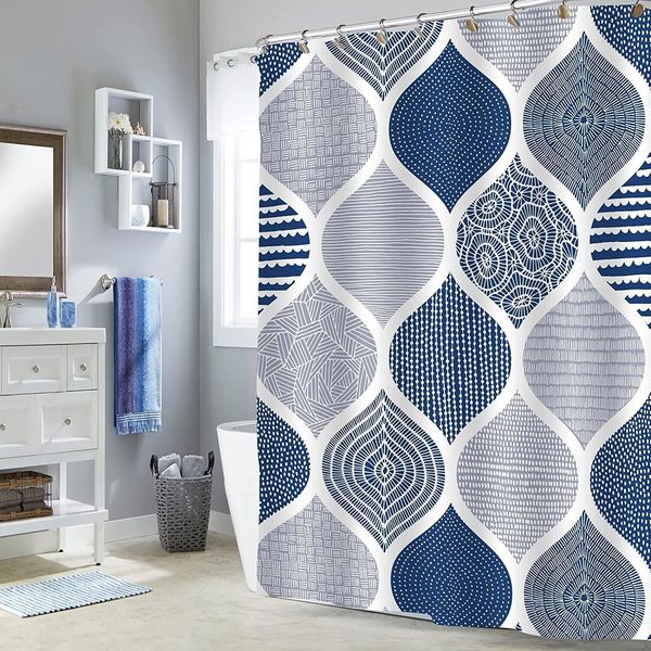 Cortinas de chuveiro marinho boho chuveiro conjunto de cortinas abstrato boêmio folha azul clara para decoração de banheiro cinza azul escuro cortinas de banho geométricas 230322