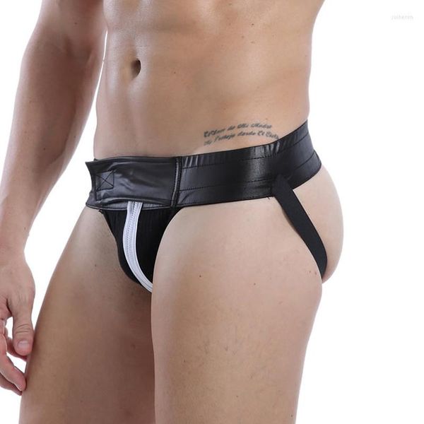 Unterhosen Herren Slips Unterwäsche Kunstleder Sexy Jockstraps Frontreißverschluss Offener BuLow Rise Male Homme Höschen Herren Dessous