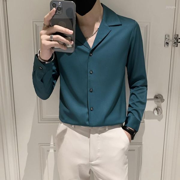 Camisas casuais masculinas 2023 homens bonitos de manga comprida Blusa de cor sólida Blusa Slim Fit Designs Moda masculina Chic W90