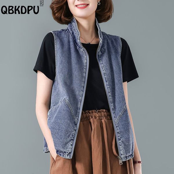 Gilet da donna Street Stand Collar Jean Vest Fashion Loose Zip Up Gilet in denim Giacca da donna Summer Gilet in denim senza maniche Chaleco Mujer 230322