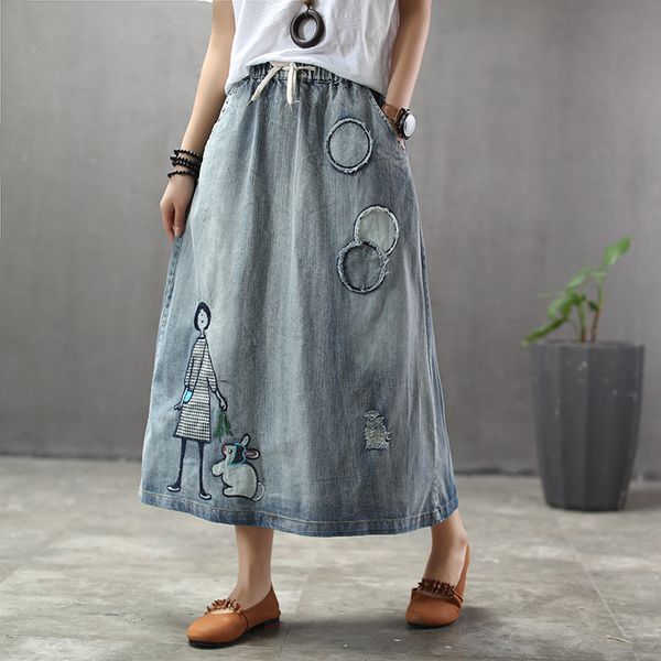 Saias mulheres arte vintage rasgou elástico feminina alta cintura longa maxi jeans saia buraco bordado de bordado de jeans de jeans 230322