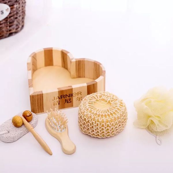 6 pezzi promozionale in legno a forma di cuore confezione regalo accessorio da bagno spugna sisal/pettine in legno/spazzola per massaggi/spa/regalo da bagno RRA