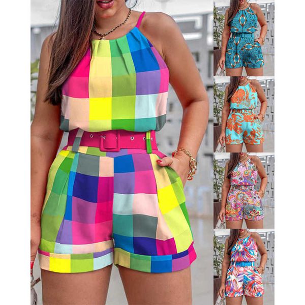 Tamanho grande 2xl 3xl roupas femininas casuais sexy agasalhos de duas peças shorts roupas estampadas moda frente única sem mangas gola redonda tops com shorts de cinto