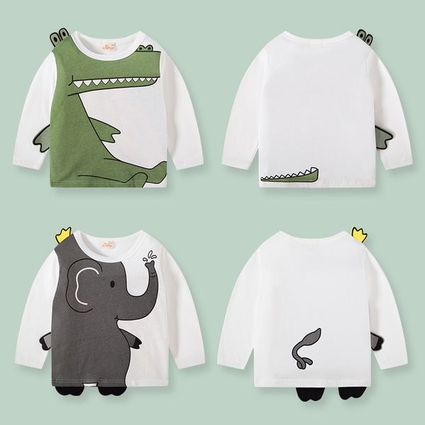 Magliette 27kids Ragazzi Bambini Autunno Cartoon Elefante Modello bambini Camicie Casual Girocollo per manica lunga Top Vestiti per bambini 230322