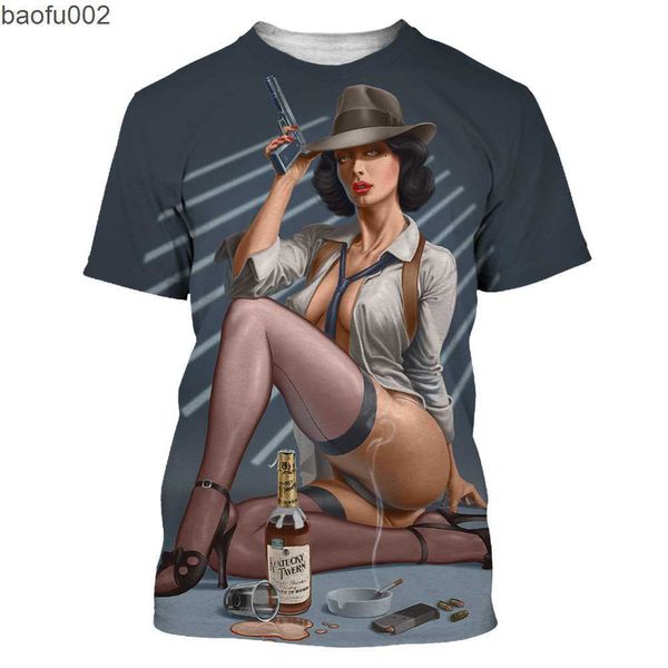 Camisetas masculinas verão 2022 camiseta masculina harajuku vestido vintage girl western graphic 3d sexy molhas de manga curta de manga curta de tamanho grande w0322