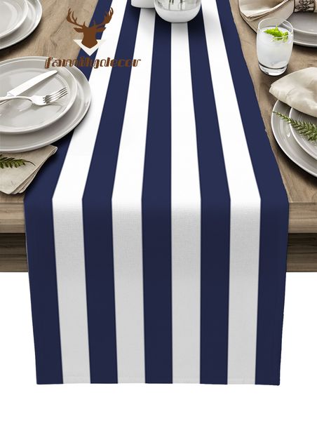 Runner de mesa marinha azul listras brancas mesa corredor caseiro mesa de casamento bandeira tabela central peças de decoração festa para jantar longa toalha de mesa 230322
