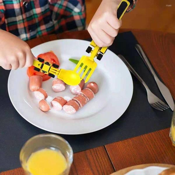 Dinnerware Define utensílio interativo conjunto de brinquedos para crianças com temas de construção e colher de crianças pequenas puxadas