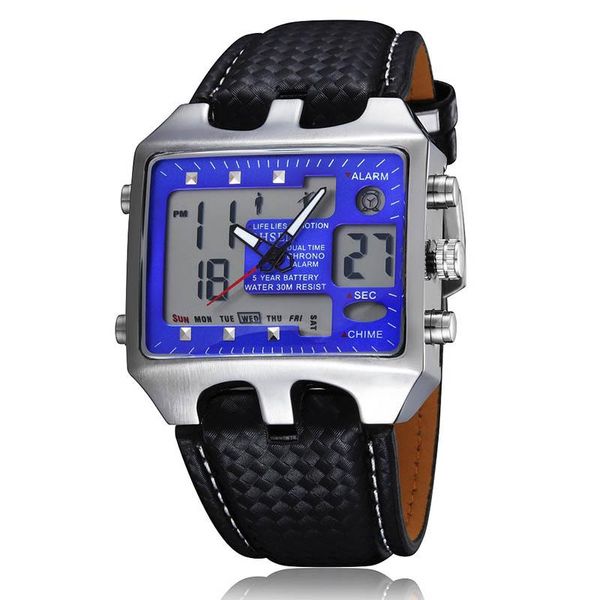 Orologi da polso Orologio militare da esterno Orologi sportivi da uomo Quadrante blu Cinturino in pelle nera OHSEN Orologio da polso elettronico a LED con retroilluminazione casual