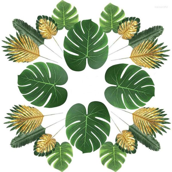 Fiori decorativi Foglie di palma tropicale artificiale Verde oro Pianta Giungla Decorazione per feste Matrimonio estivo Tavola di compleanno