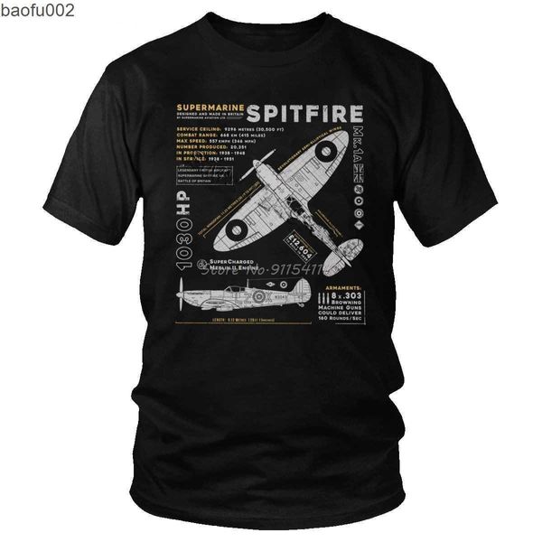 Erkek Tişörtler Vintage Supermarine Spitfire Mk 1 T Shirt Erkekler Pamuk Tee Kısa Kollu Savaş Uçağı WW2 Savaş Pilot Uçak Uçak Tişört Hediyesi W0322