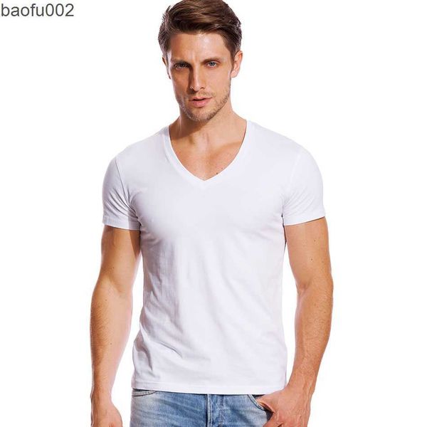 Erkek Tişörtler Derin V Boyun T gömlek Erkekler için Düşük Kesilmiş Geniş Yakalı Üst Tees Erkek Modal Pamuk İnce Uygun Kısa Kollu Görünmez Fanjur W0322