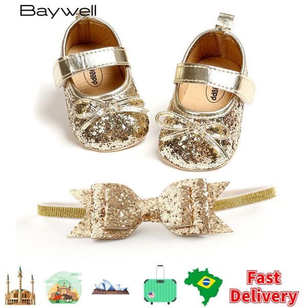 First Walkers Pailletten Babyschuhe Leder Kleinkind Mädchen Sets Stirnband Schleife Weiche Sohle Hakenschlaufe Bling für Mädchen 230322