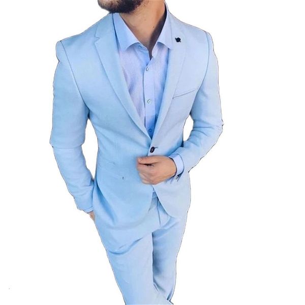 Ternos masculinos Blazers Chegada Slim Fit Men Ternos para casamentos Prom Tuxedos Light Sky Blueomsman Janta de calcaça macho de verão traje de verão Homme 230322