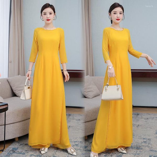 Roupas étnicas Vietnã Aodai Cheongsam Vestido de dança folclórica Estilo Qipao Chinês para mulheres Pérola tradicional Duas peças