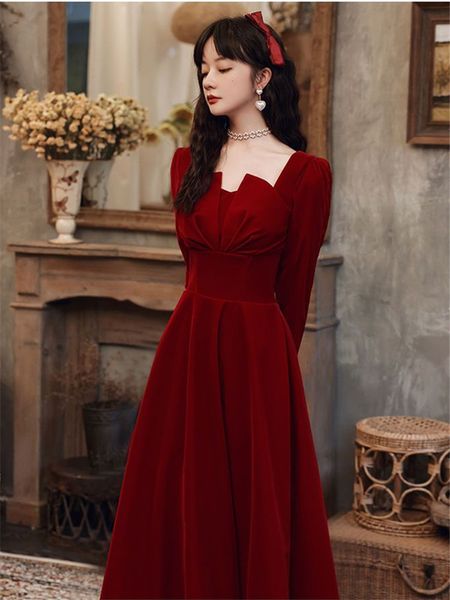 Vestidos de festa vestidos de festa vermelha para mulheres clássicas francesas vintage maxi midi baile chic vestido de noite de alta qualidade aniversário de luxo 230322