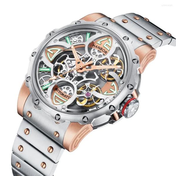 Нарученные часы Hanboro Мужчины смотрят маховик с полным автоавтоматическим механическими наручными часами Luminous Hollow Fashion Steel Band Man Watch Reloj Hombre